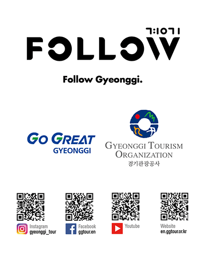 경기 FOLLOW Follow Gyeonggi. Go GREAT GYEONGGI logo, GYEONGGI TOURISM ORGANIZATION logo. Instagram gyeonggi_tour QR code images, Facebook ggtour_en QR code images, Youtube QR code images, Website en.ggtour.or.kr QR code images